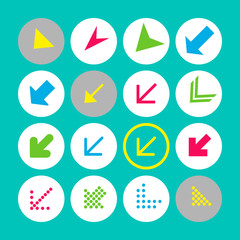 Set of 16 arrow icons with south-west direction. Arrow buttons on turquoise background in white, gray and transparent circles