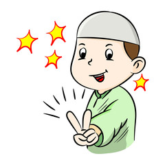 Illustration of Happy muslim boy victory gesture sign..