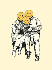 Retro family with emoticons instead of faces. Vector illustration.