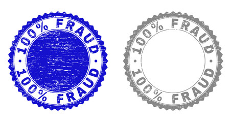 100% FRAUD stamp seals with grunge texture in blue and grey colors isolated on white background. Vector rubber imprint of 100% FRAUD text inside round rosette. Stamp seals with scratched styles.