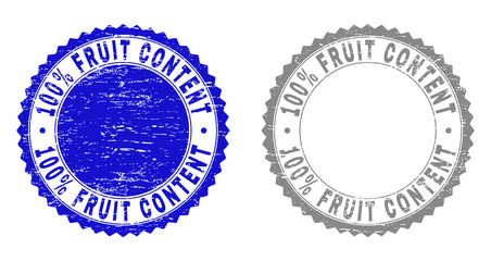 100% FRUIT CONTENT stamp seals with distress texture in blue and gray colors isolated on white background. Vector rubber imitation of 100% FRUIT CONTENT caption inside round rosette.