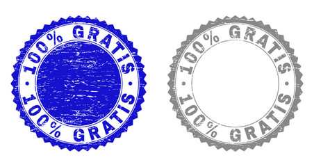 100% GRATIS stamp seals with grunge texture in blue and gray colors isolated on white background. Vector rubber imprint of 100% GRATIS tag inside round rosette. Stamp seals with retro styles.