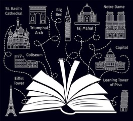 Travel book guide. Europe vacation travelers booking brochure concept, tourist magazine with silhouette of world sightseeing, vector illustration