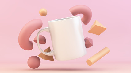 floating mug with abstract primitives background