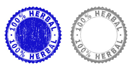 100% HERBAL stamp seals with grunge texture in blue and gray colors isolated on white background. Vector rubber imitation of 100% HERBAL text inside round rosette. Stamp seals with grunge textures.