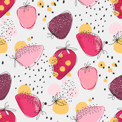 Colorful seamless vector pattern of hand graphic drawing organic strawberries for spring summer season. Berry pattern for fabric, textile, paper, wallpaper, wrapping or greeting card.