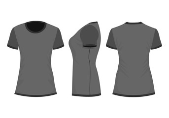 Black/dark gray woman's t-shirt in back, front and side views