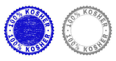 100% KOSHER stamp seals with distress texture in blue and grey colors isolated on white background. Vector rubber watermark of 100% KOSHER tag inside round rosette. Stamp seals with scratched styles.