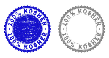 100% KOSHER stamp seals with distress texture in blue and grey colors isolated on white background. Vector rubber watermark of 100% KOSHER tag inside round rosette. Stamp seals with scratched styles.