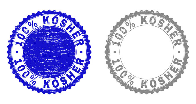 100% KOSHER stamp seals with distress texture in blue and grey colors isolated on white background. Vector rubber watermark of 100% KOSHER tag inside round rosette. Stamp seals with scratched styles.