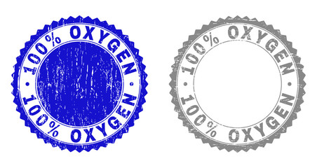 100% OXYGEN stamp seals with distress texture in blue and gray colors isolated on white background. Vector rubber overlay of 100% OXYGEN title inside round rosette. Stamp seals with dirty textures.