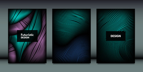 Flowing Wavy Lines in Movement. Abstract Backgrounds with Vibrant Gradient and Metallic Effect in Futuristic Style. 3D Vector Abstraction with Distortion of Shapes. Wavy Lines for Cover, Brochure.