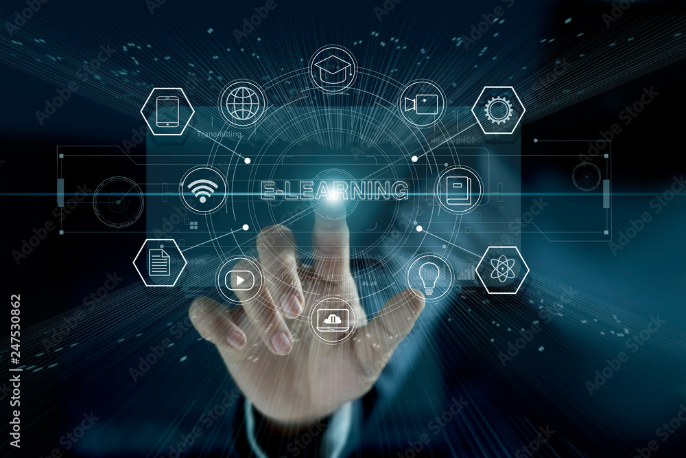 Poster e-learning concept. businessman touching a modern virtual interface with icon e-learning of the futu