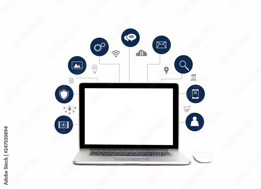 Aufkleber digital marketing. laptop with white screen blank and icon digital marketing network connection on w
