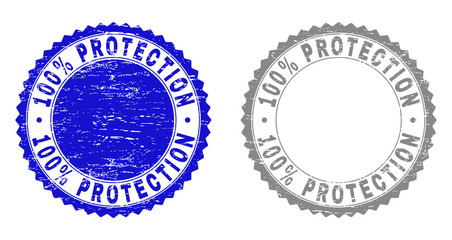 100% PROTECTION stamp seals with distress texture in blue and gray colors isolated on white background. Vector rubber watermark of 100% PROTECTION label inside round rosette.