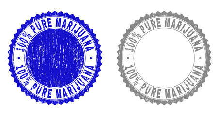 100% PURE MARIJUANA stamp seals with grunge texture in blue and gray colors isolated on white background. Vector rubber watermark of 100% PURE MARIJUANA label inside round rosette.