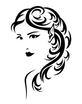 recommend clip art: beautiful elf woman with sharp ears and long hair - black and white fairy portrait vector