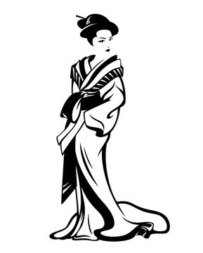 recommend clip art: beautiful geisha woman wearing traditional kimono - standing japanese girl black and white vector design