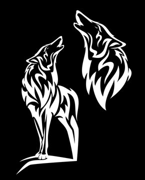 alaskan tundra wolf howling - standing white animal and profile head vector design on black