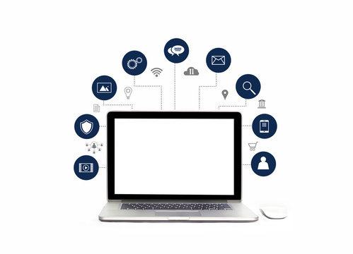 Digital marketing. laptop with white screen blank and icon digital marketing network connection on white background. Social media and business technology. Digital transformation and management.