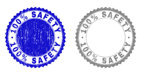 100% SAFETY stamp seals with grunge texture in blue and gray colors isolated on white background. Vector rubber imprint of 100% SAFETY title inside round rosette. Stamp seals with grunge textures.