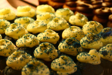 Chocolate pieces with marzipan bonnet and sprinkles