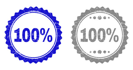 100% stamp seals with grunge texture in blue and gray colors isolated on white background. Vector rubber imitation of 100% title inside round rosette. Stamp seals with dust styles.