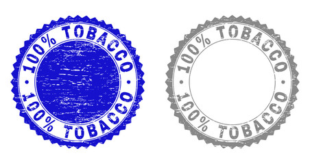 100% TOBACCO stamp seals with grunge texture in blue and grey colors isolated on white background. Vector rubber watermark of 100% TOBACCO tag inside round rosette. Stamp seals with unclean textures.