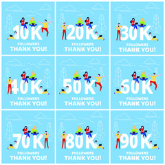 Thank you 10-90k followers numbers postcard set. People man, woman big numbers flat style design thanks vector illustration isolated on blue background. Template for internet media and social network.