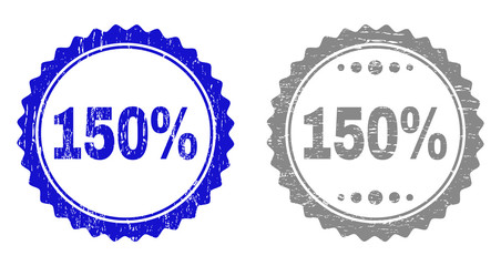 150% stamp seals with grunge texture in blue and gray colors isolated on white background. Vector rubber watermark of 150% text inside round rosette. Stamp seals with unclean styles.