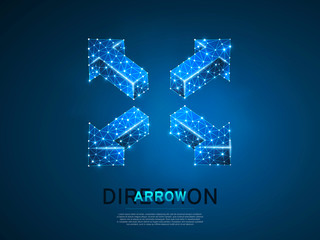 Arrow cross, extend, resize, cross arrow sign. Four-way arrow wireframe digital 3d illustration. Low poly crossway choice concept with lines, dots on blue background. Vector neon polygonal road guide