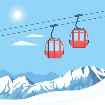 Red ski cabin lift for mountain skiers and snowboarders moves in the air on a cableway on the background of winter snow capped mountains and the shining sun. Vector flat illustration. 