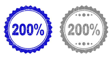 200% stamp seals with distress texture in blue and gray colors isolated on white background. Vector rubber overlay of 200% text inside round rosette. Stamp seals with retro textures.