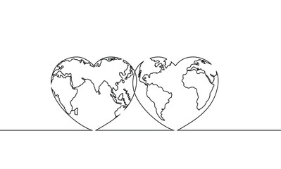 Vector illustration continuous line drawing of the heart shaped world.