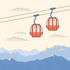Red ski cabin lift for mountain skiers and snowboarders moves in the air on a cableway on the background of winter snow capped mountains and sunset, sunrise. Vector flat illustration. 