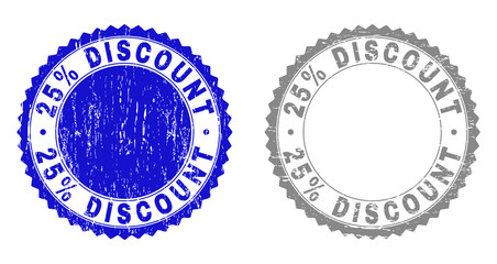 25% DISCOUNT stamp seals with grunge texture in blue and grey colors isolated on white background. Vector rubber imprint of 25% DISCOUNT label inside round rosette. Stamp seals with grunge textures.