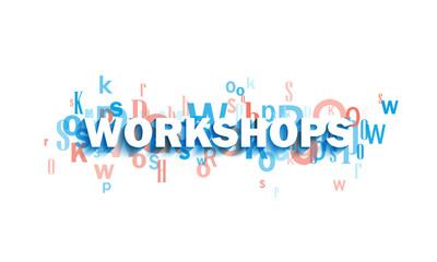 WORKSHOPS blue and coral typography banner