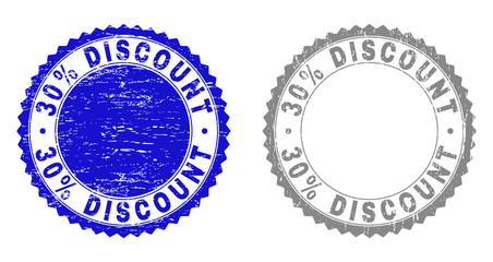 30% DISCOUNT stamp seals with grunge texture in blue and gray colors isolated on white background. Vector rubber overlay of 30% DISCOUNT tag inside round rosette. Stamp seals with grunge textures.