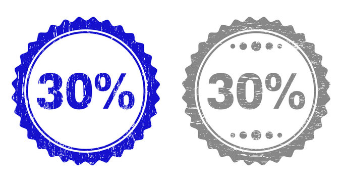 30% stamp seals with grunge texture in blue and gray colors isolated on white background. Vector rubber imprint of 30% label inside round rosette. Stamp seals with grunge textures.