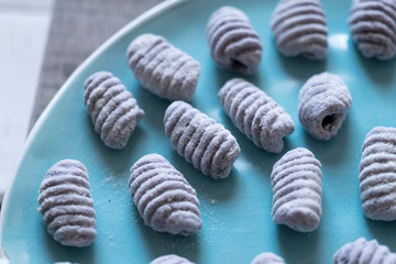 blue gnocchi closeup