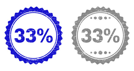 33% stamp seals with grunge texture in blue and gray colors isolated on white background. Vector rubber watermark of 33% tag inside round rosette. Stamp seals with grunge textures.