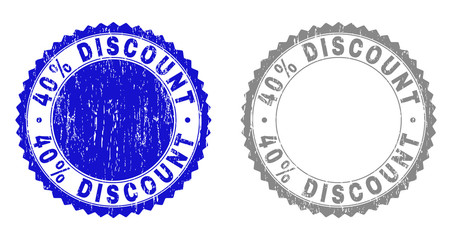 40% DISCOUNT stamp seals with grunge texture in blue and grey colors isolated on white background. Vector rubber watermark of 40% DISCOUNT title inside round rosette. Stamp seals with grunge styles.