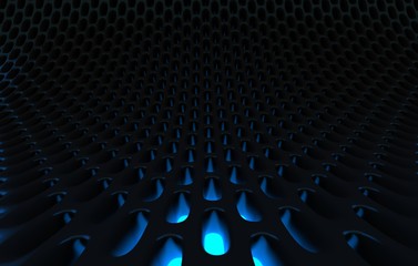Naklejka premium Metal mesh grild. Abstract 3d rendering background in high resolution. 3d render of black carbon grid with orange light.