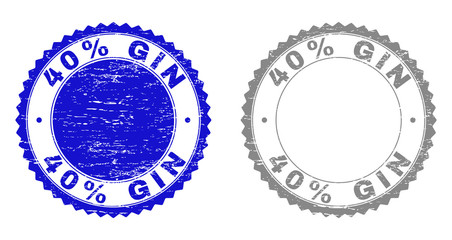 40% GIN stamp seals with grunge texture in blue and gray colors isolated on white background. Vector rubber imprint of 40% GIN caption inside round rosette. Stamp seals with grunge textures.
