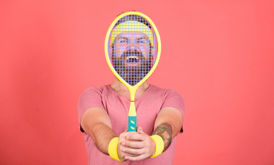 Tennis player beginner retro fashion. Tennis sport and entertainment. Concentrated on tennis court....