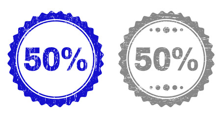 50% stamp seals with grunge texture in blue and gray colors isolated on white background. Vector rubber watermark of 50% text inside round rosette. Stamp seals with corroded styles.