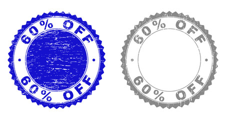 60% OFF stamp seals with distress texture in blue and gray colors isolated on white background. Vector rubber watermark of 60% OFF title inside round rosette. Stamp seals with dirty styles.