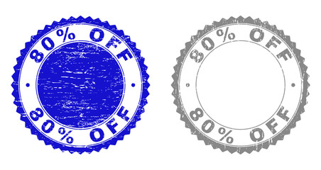 80% OFF stamp seals with grunge texture in blue and gray colors isolated on white background. Vector rubber imprint of 80% OFF title inside round rosette. Stamp seals with grunge textures.