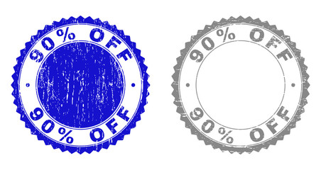 90% OFF stamp seals with grunge texture in blue and grey colors isolated on white background. Vector rubber imprint of 90% OFF caption inside round rosette. Stamp seals with dirty styles.