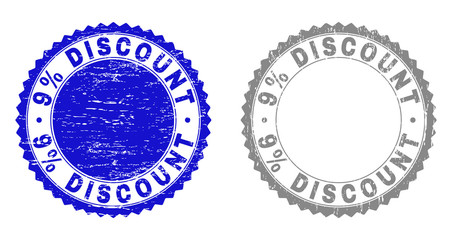 9% DISCOUNT stamp seals with grunge texture in blue and gray colors isolated on white background. Vector rubber imitation of 9% DISCOUNT tag inside round rosette. Stamp seals with unclean textures.
